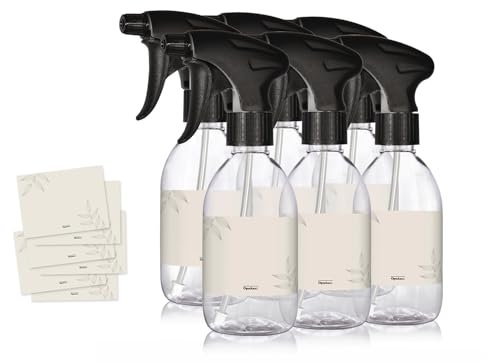 Oputec 6x 300ml Sprühflaschen aus transparentem Kunststoff zum Befüllen mit ergonomischem Sprühkopf + Etiketten – Leere Wassersprühflasche für Pflanzen, Reinigungsmittel, Haarpflege und mehr