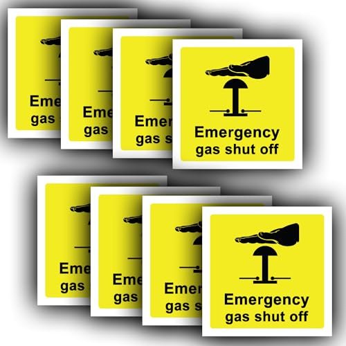 8 Pack - Emergency Gas Shut Off Sticker - Gas Safety Label - 100mm x 100mm - Waterproof Vinyl