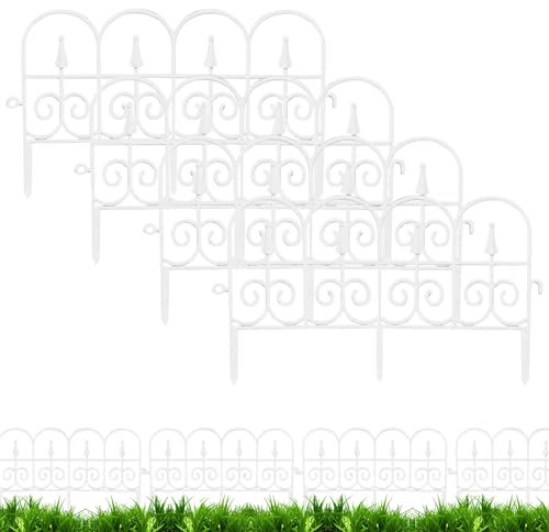 Gartenzaun Steckzaun, Rasenkante Kunststoff, Gartenzaun zum Stecken, Beetumrandung, mit Befestigungszubehör, Zaunelemente für Garten, UV & Frostbeständig, Flexibel (Weiß, 4 Stück)