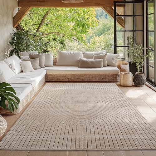 HomebyHome Kurzflor Teppich 140x200 cm Beige Wohnzimmer, Schlafzimmer, Küche, 3D Hoch-Tief-Effekt, Skandinavisch Boho Motiv, für Outdoor Bereich geeignet Terrassen oder im Balkon