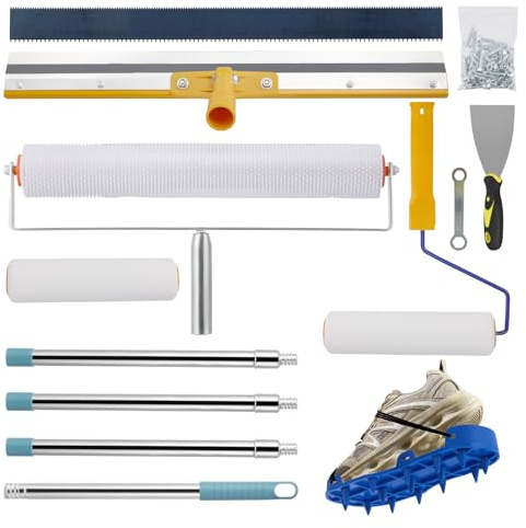 Self Levelling Cement Tool Kit,Epoxy Floor Paint Tools for Self Leveling Cement,Extension Pole,Stainless Steel Scraper,Self-Leveling Rake,Spiked Shoes,Floor Construction Tool Spiked Roller