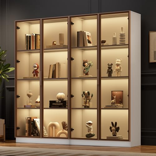 Kebnor 2er-Set Weißglasvitrinen mit 16-Farbiger LED-Beleuchtung, Vitrine mit Flügeltüren und beweglichen Einlegeböden, 80 * 40 * 160 cm (einzeln), Hochschrank für Wohnzimmer, freistehender Schrank