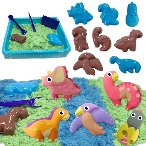 VBACALA Kit Sabbia Dinosauri per Bambini- Set Completo con 500g Sabbia + 8 Dinosauri, Gioco Sensoriale Educativo per Bambini 3-6 Anni, Regalo per Ragazzi e Ragazze