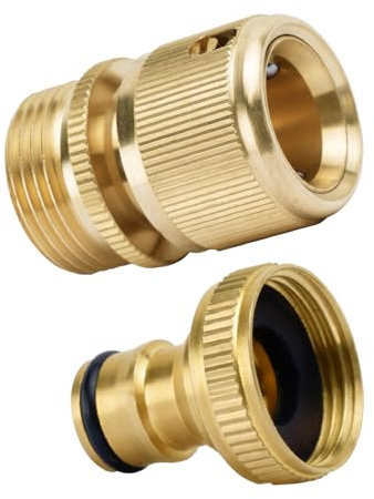 Garden Hose Fitting Set, 3/4 inch Solid Brass No-Leak Garden Hose Connector Fitting, Easy Connect and Release Adapter Set, Male and Female(2PCS)