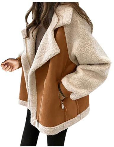 FUPODD Jacke Damen Wildleder Kurz Winterjacke Damen Warm Gefüttert Teddyjacke Winter Revers Bikerjacke Vintage Dicke Wintermantel Elegant Thermo Jacken Fellkragen Warme Mantel Reißverschlußtaschen
