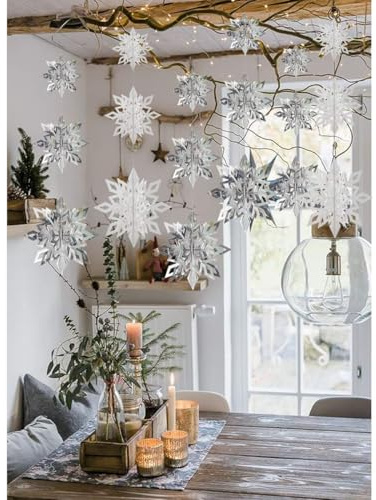 Fiocchi di Neve 3d, 18pcs Fiocchi di Neve Decorativi da Appendere, Adatto per Feste di Natale, Compleanni, Decorazioni Invernali e Festeggiamenti di Capodanno (Argento + Bianco)