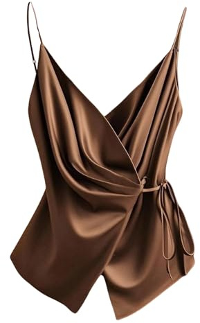 RoseSeek Women's Tie Side Wrap Camisole Tops Spaghetti Strap V Neck Elegant Blouses Shirts Brown Small