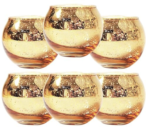 Dekorative Teelichthalter aus Glas, Türkis mit Sprenkel-Effekt, Runde Kerzenhalter, 6er Set, 5 x 5,1 x 5,6 cm (Gold)