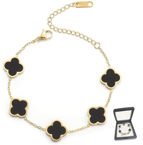 HESUSUSI 18K Goldplattiertes Vierblättriges Kleeblatt Armband, Edelstahl Zweiseitig Vierblättriges Schmuck Luxuriöses Glücksarmband, Valentinstag Muttertag Weihnachten Geschenk für Damen
