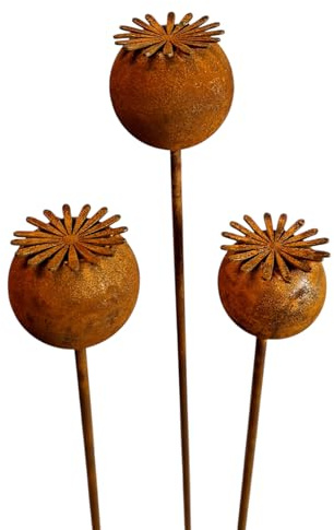 3er Set Gartenstecker Sonnenhut Metall Rost Gartendeko Edelrost Rankstab Beetstecker Topfstecker Naturrost (Edelrost Mohn Kapsel C)