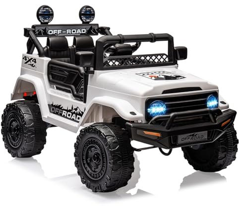 RBFGYIOP fuoristrada elettrica per bambini 12V - Sospensioni a molla, telecomando, luci LED, connessione wireless, 3 velocità - Veicolo giocattolo sicuro e divertente - Colore bianco