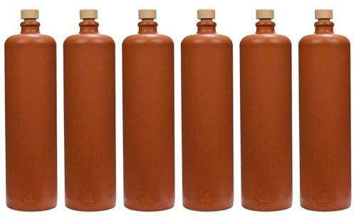 Flaschenland Tonkrug 1L aus Steinzeug mit Griffkorken, rustikale Vorratsflasche, 6er Set