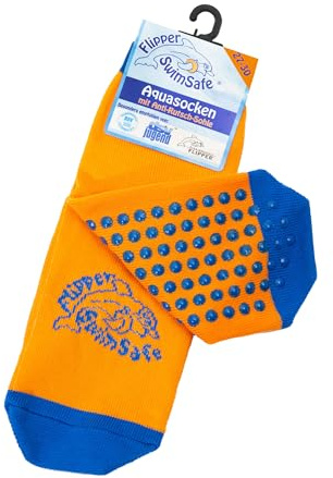 Flipper Swimsafe 1053 - Calze acquatiche con suola antiscivolo di colore blu-arancio, per bambini e ragazzi, taglia 27-30, ideali per andare in piscina senza problemi