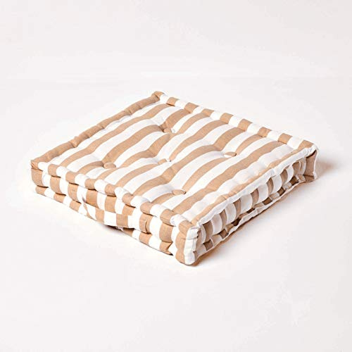 HOMESCAPES - Thick Stripe Beige - 100% Cotton - Large Floor Cushion - Mink Natural - 50 x 50 x 10 cm Square - Indoor - Garden - Dining Chair Booster - Seat Pad Cushion
