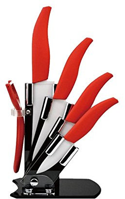 CEPPO COLTELLI LAME IN CERAMICA SET 6 PEZZI ANTIADERENTI CON CEPPO ESPOSITORE CUCINA (Manico rosso) …