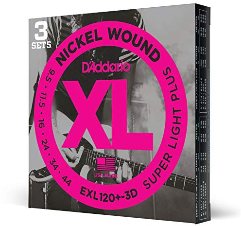 D'Addario Gitarrsträngar - XL nickelsträngar för elgitarr - EXL120+-3D - perfekt intonation, jämn känsla, pålitlig hållbarhet - för 6-strängade gitarrer - 9,5-44 Super Light Plus, 3-Packning