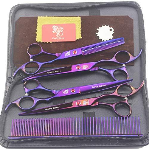 17,78 cm Japan 440 C material dubbelt handtag husdjur frisör sax frisör tillbehör 4 st platta saxar böjd sax tunn sax prisvärd uppsättning skicka kam (lila set)