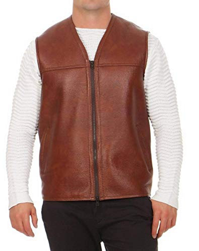 Hollert Herren Lammfellweste FIRMINIUS ohne Kragen Cognac Weste Lederweste Fellweste 100% Merino Schaffell Größe M