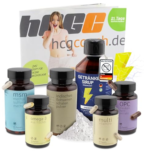 hCGC HCG Stoffwechselkur 21 Tage Basispaket – HCG Diät Set mit Omega 3, OPC, MSM, Vitaminen & Flohsamen Pulver – Stoffwechsel Beschleunigen Abnehmen – mit zuckerfreiem Energie Geschmack-Sirup
