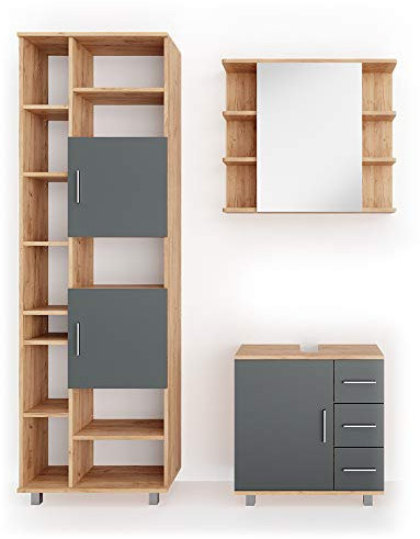 Vicco Badmöbel-Set Eiche Ilias, bestehend aus Bad Spiegelschrank, Waschbeckenunterschrank, Hochschrank - mit Fächern für Flexible Aufbewahrung
