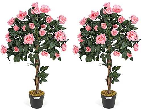 Christow 2 Artificial Rose Trees Pink Flowers Twisted Trunk Potted Indoor Outdoor 3ft (Pair)