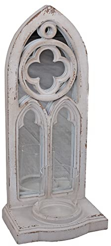 KERSENLEUCHTER „CATHÉDRALE DE Reims“ – Windlicht im gotischen Stil aus Holz Shabby Chic Weiß Wandleuchter Hängeleuchter Antik Kerzenhalter mit Glas Nostalgische Deko 51×23×16 cm