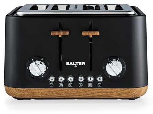 Salter Grille-Pain 4 Tranches, Fentes Larges, 6 Niveaux de Brunissage, Ramasse-Miettes Amovible, Fonction Décongeler/Réchauffer/Annuler, Centrage Automatique, Éjection Haute-Lift, 1630W