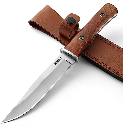 Omesio Couteau Survival Tranchant | Manche en Bois Robuste, Étui en Cuir – Idéal pour Camping Bushcraft, Couteau d’extérieur à lame fixe