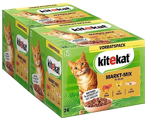 Kitekat Katzenfutter Nassfutter Markt-Mix in Gelee – Feuchtfutter in 48 Portionsbeuteln – 2er Pack (2 x 24 Portionsbeutel à 85g)