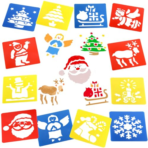 DPKOW 12 Stück Bunt Weihnachtsschablonen Kinder, Weihnachten malschablonen Kinder, schablonen Weihnachten Fenster schneespray Weihnachten Malen Schablonen DIY Weihnachtshandwerk Christmas Stencils