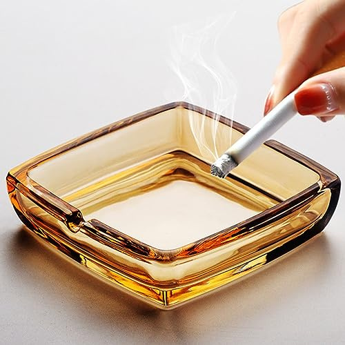 Large Glass Ashtray for Cigarette, Crystal Ash Trays Outdoor Glass Spuare Ashtrays for Outside, Home, Office, Patio, Outdoor, Indoor, Cute Cool Ashtray - Amber
