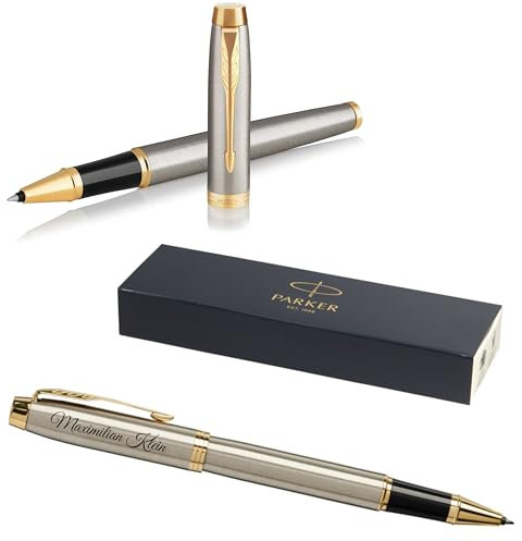 PARKER IM Core Tintenroller mit Gravur | Premium Stift | Geschenkbox | schwarze Mine | personalisiertes Geschenk | Namen | Geburtstag (Brushed Metal G.C.)