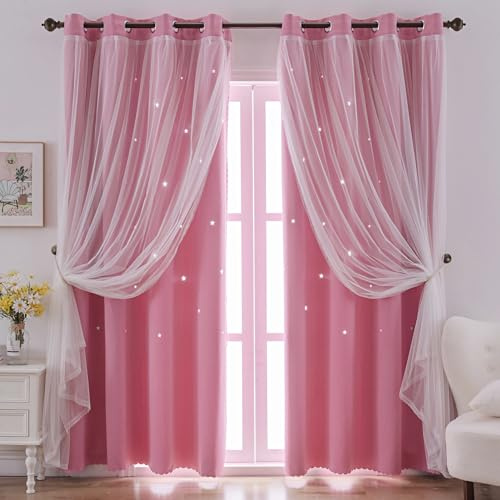 indistar Verdunkelungsvorhänge für Kinder, Sternausschnitt, für Mädchen, Schlafzimmer, Fenster, Zimmer, verdunkelnde Vorhänge und Vorhänge, Babyzimmer-Vorhänge (2 Paneele, 132 x 183 cm, Rosa)