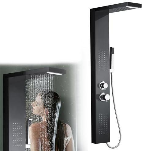 JNGLGO Pannello doccia in acciaio inox, nero, con termostato, colonna doccia, set doccia spazzolato, per bagno, doccia a pioggia, doccetta per massaggio, doccia a cascata (nero)