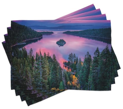 ABAKUHAUS See Platzmatten 8 Stück, Majestätische Ansicht des Hohen Winkels Frischwassersees Mutter Erde Bild Im Freien, Waschbare Stoff Esszimmer Küche Tischdekorations Digitaldruck, Grün Rosa