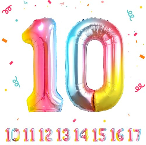 Geburtstag zahlen luftballon 10 jahre | Regenbogen Folienballon 10 XXL -Riesen Folienballon in 40 - 101cm Geburtstagsdeko - Ballon Zahl Deko zum Geburtstag .Fliegt mit Helium