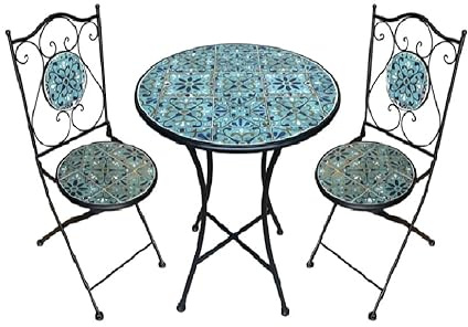 COSE DA CASA Set di Tavolo rotondo con 2 sedie in metallo e ceramica mosaico arredo giardino azzurro mare terrazzo Balcone bar pub hotel