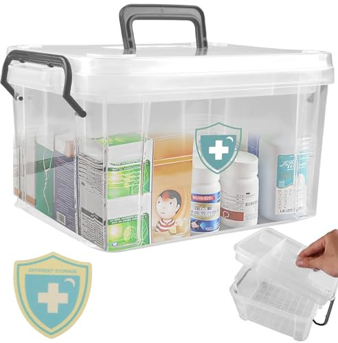 BAIFULAI Doppelschichtig Medizinbox, Transparent Erste Hilfe Kasten, 23.5x17x13.5cm Medikamenten Aufbewahrung, Medizinbox mit Deckel, Hausapotheke Box mit Tragegriff, Medizinkoffer für zuhause