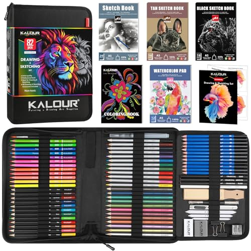 KALOUR PDAS 82 Zeichen Set Skizzenset, Pro Kunstbedarf mit Neon-, Farbstiften, Aquarell-, Metallic-, Graphit- und Kohlepenseln, 5 Skizzenbüchern und Malbuch, Geschenk für Erwachsene, Teenager