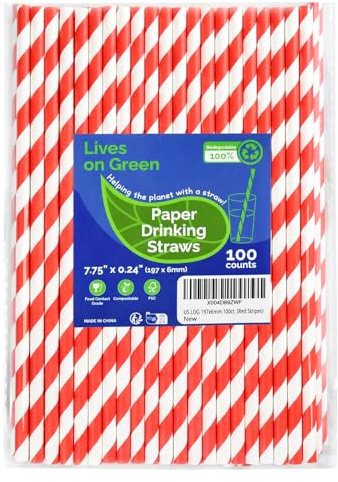 Lives on Green Lot de 100 pailles en papier, 19,7 cm, à rayures, rouge/blanc, pour boissons, cocktails, décoration, fête, bricolage