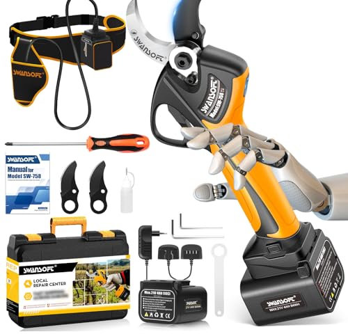 SWANSOFT 40mm Akku Astschere, 21V Elektrische Gartenschere 1050W, mit 4Ah Batterien x2, Bürstenloser Motor, LCD Display 1.2m Verlängerungskabel– für Bäume, Äste und Obstgärten (Gelb)