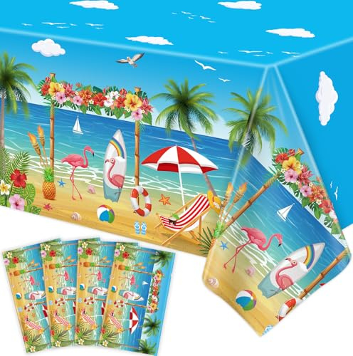 Aloha Luau Lot de 4 nappes de fête sur le thème de la plage - Flamant rose - Planche de surf - Nappe jetable - Décoration de fête prénatale, plage et piscine