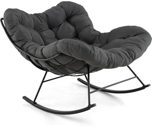 COSTWAY Schaukelstuhl für drinnen & draußen, Schaukelsessel mit gepolstertem Kissen, Gartensessel mit 205 kg Tragkraft & Schaukelfunktion, Relaxsessel für Garten, Balkon, Hinterhof, Wohnzimmer, Grau
