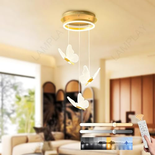 LAMPLAY Lustre LED Doré Moderne, Intensité Variable, 3 Suspensions Papillon, 3000K-6000K, Avec Télécommande, Hauteur Réglable, Pour Couloir, Salle À Manger, Escalier, Villa, Cuisine