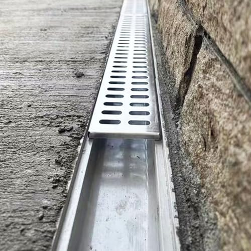 Canaletta Scolo Acqua Piovana Canale di Drenaggio in Resina con Griglia in Acciaio Inox, Canale di Drenaggio Esterno per Recinzione da Giardino Marciapiede Passerella, Copertura Grondaia a Doppia Fila