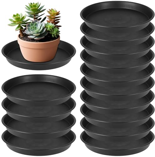 MUNGHOK 15 stycken 30 cm underlägg blomkruka rund, plast blomunderlägg med 15 växtetiketter, rund växtkruka tefat svart, växtunderlägg för blomkrukor