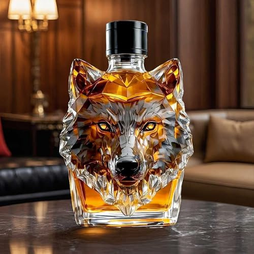 DUOAZJL Statue d'art - Bouteille De Whisky Amusante De 350 ML en Forme De Tête De Loup, Carafe À Whisky en Verre 2025, Objets De Collection