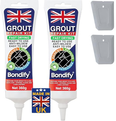 BONDIFY Kit Riparazione Fughe Piastrelle Grigio, Asciugatura Rapida 360g x 2 ANTI-MUFFA Tubetto Stucco per Piastrelle Bagno & Doccia, Grout Repair Kit, Stucco per Fughe Pavimento, Sigillante per Malta