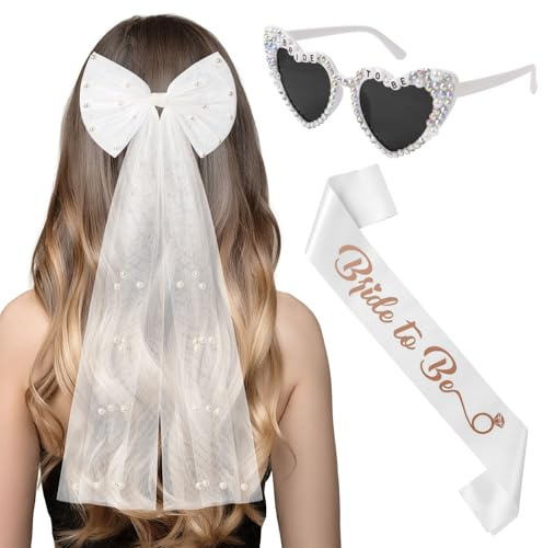 Ainiv Hen Party Accessories Kit, Bridal Hair Bow Veil with Barrette, Bride to Be Sunglasses and Sash, Hen Do Accessories for Wedding Bridal Shower Bachelorette Party Decoration, 3 Pack