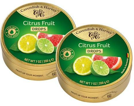 Cavendish & Harvey Citrus Fruit Drops 200g Dose im 2er Pack | Zitrone, Pink Grapefruit und Limette | Mit echtem natürlichen Fruchtsaft | Vegan, Halal, Koscher | 2 x 200g